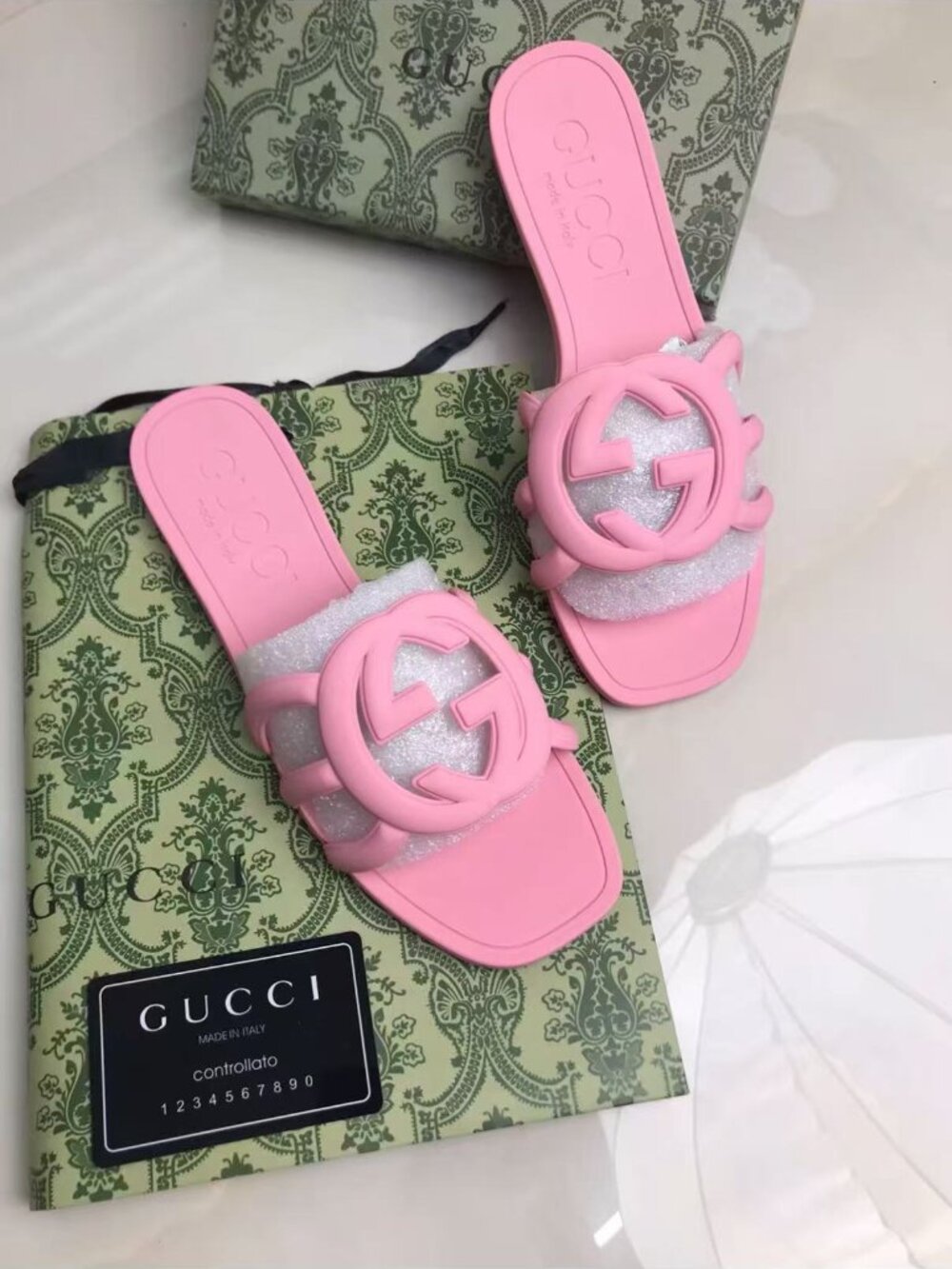 Gucci Pink Rubber Interlocking GG Open‑Toe Flat Slide Sandals